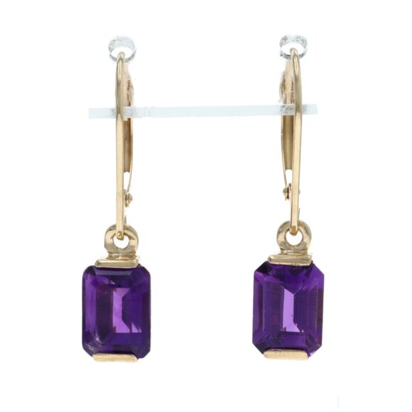 Yellow Gold Amethyst Dangle Earrings - 14k Emerald 3.20ctw Pierced - Picture 1 of 5